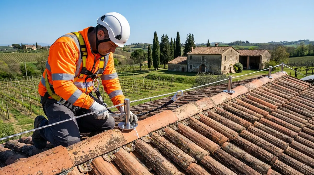 Ancoraggi in acciaio e cavo della linea vita posati sul colmo di un tetto in coppi