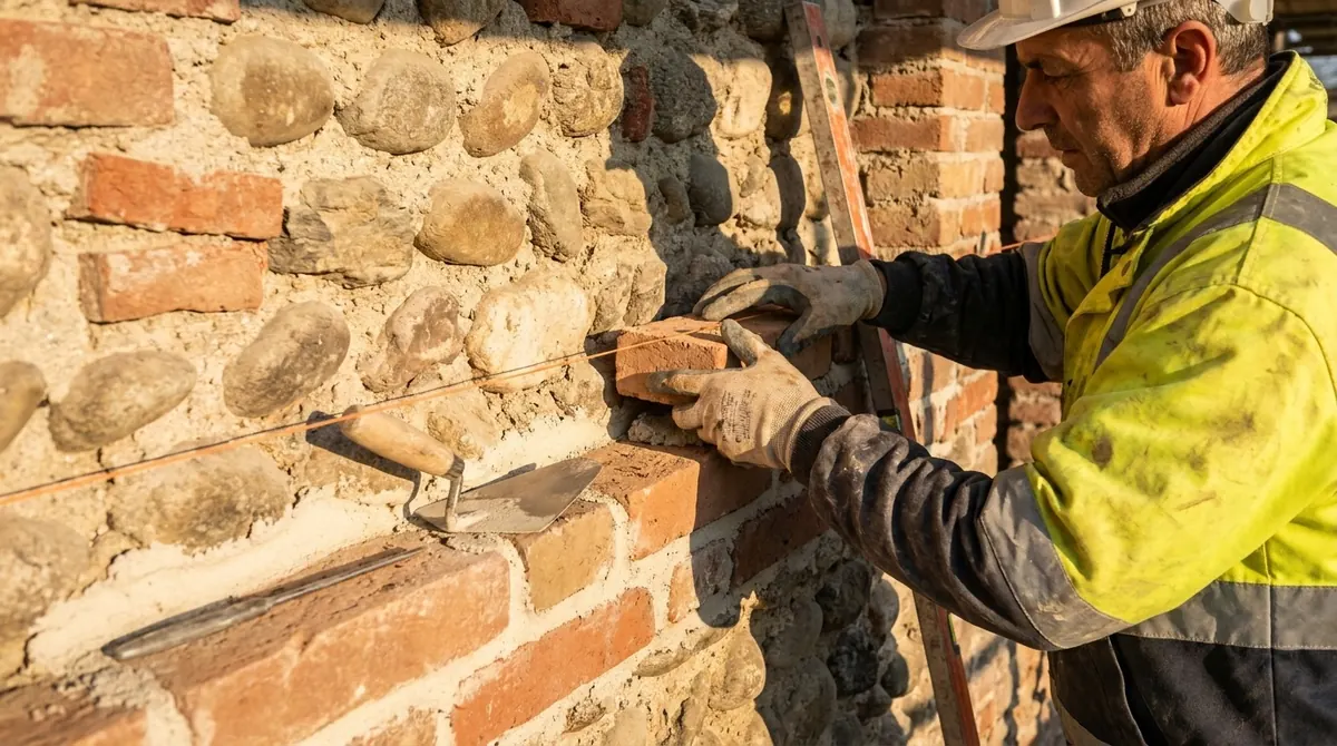 Muratore che posa un mattone su una parete in sasso e laterizio a vista