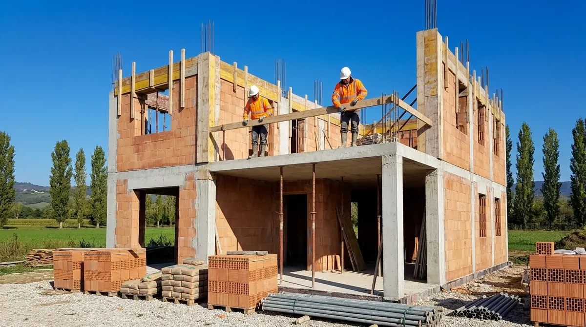 Struttura di una nuova abitazione in cemento armato e blocchi in laterizio, con operai al lavoro in cantiere