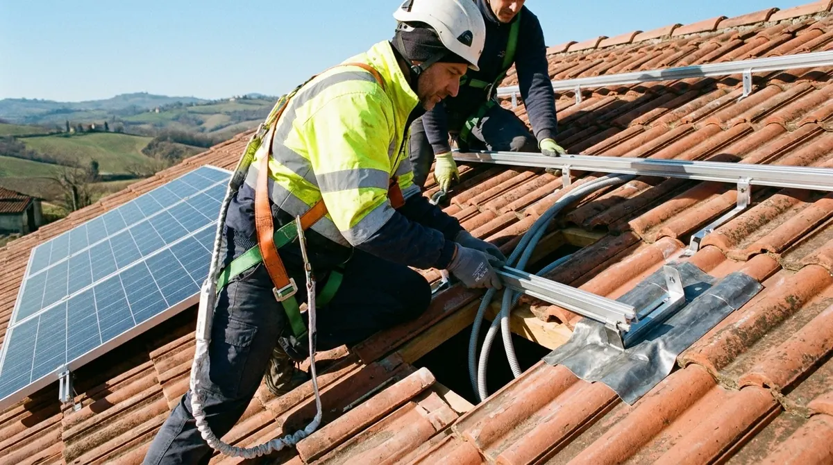 Staffe e binari di supporto fissati sul tetto in coppi per la posa dei pannelli fotovoltaici