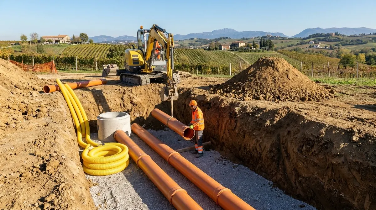 Scavo con tubazioni per la rete fognaria e pozzetto d’ispezione in posa
