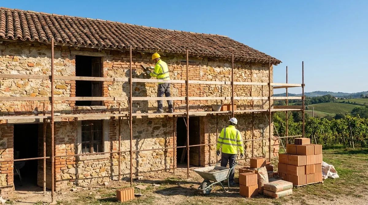 Vecchio fabbricato in ristrutturazione con ponteggio montato e murature in lavorazione