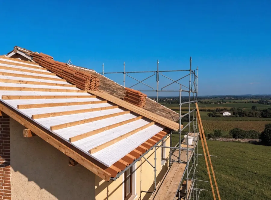 Operai in imbracatura posano pannelli isolanti e listelli sul tetto