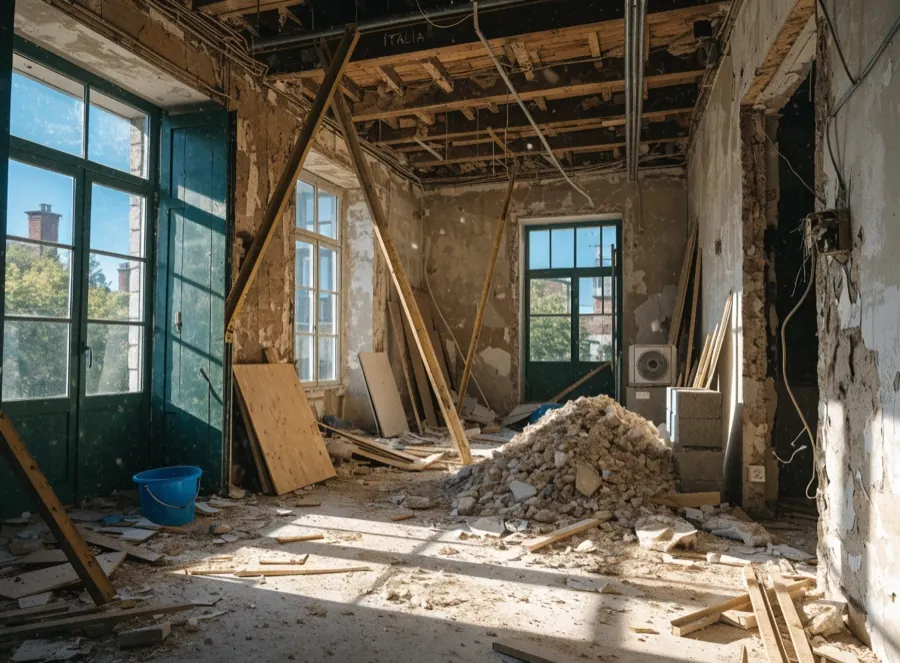 Fase di demolizione interna con puntelli di sostegno